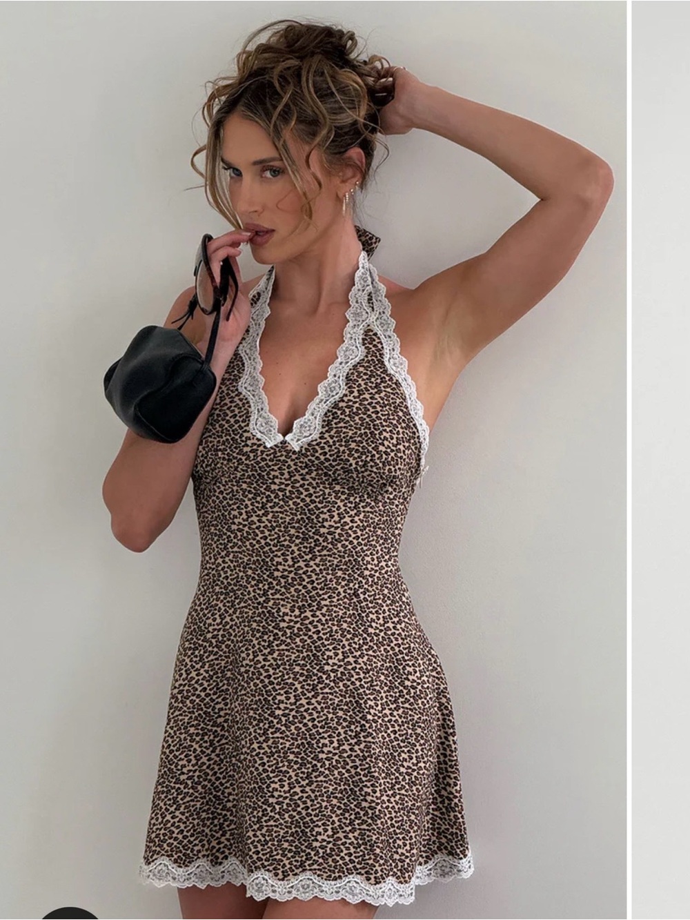 Frankie’s Bikini’s Audrey Dress Leopard Halter Slip Dress with White Lace Trim